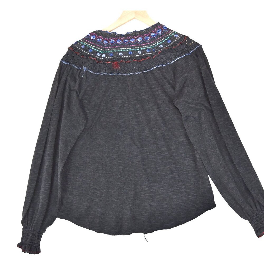 Free People Embroidered Henley Blouse Boho Folk Cottagecore Festival Top Size M - Picture 3 of 9